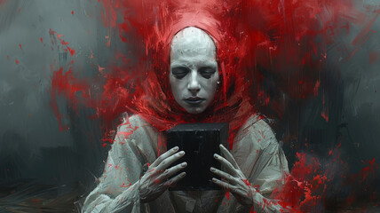 a mime holding an black cube, in a surreal atmospheric environment, digital painting, fantasy,generative ai - obrazy, fototapety, plakaty