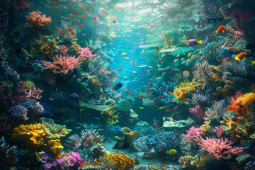 Naklejka na ściany i meble A colorful underwater scene with many fish and coral
