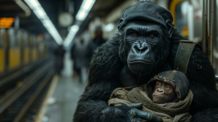 A homeless gorilla holding a baby wrapped in cloth sitting a train station,generative ai