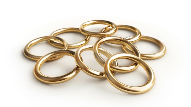 An isolated white background with three-dimensional renders of golden rings
