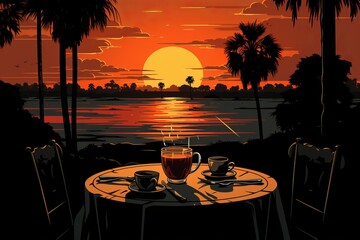 A beautiful lakeside view with two chairs and a table set for a romantic dinner. The sun is setting in the background, casting a warm glow over the serene and peaceful scene. Illustration.