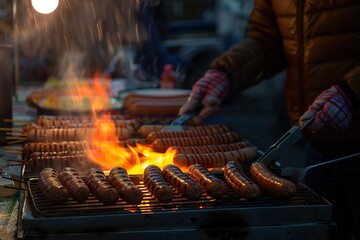 a man is preparing sausages and hot dogs on a grill - obrazy, fototapety, plakaty