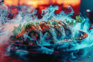Obraz na płótnie Canvas A plate of sushi with a lot of smoke coming from it