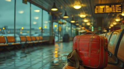 A red suitcase sits on a bench in a busy airport terminal