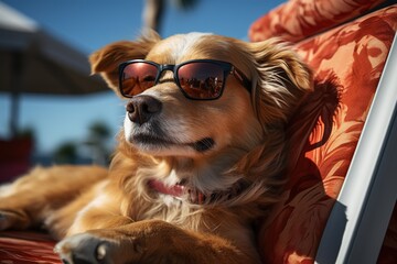 shepherd dog with dark sunglasses lying in a hammock on the beach. pet vacation with their owners.