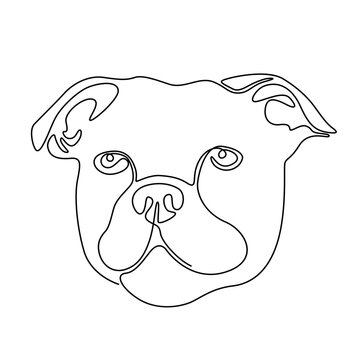 One continuous line drawing Staffordshire Bull Terrier vector Image. Single line minimal style English Staffy dog breed portrait. Cute companion puppy black linear sketch isolated on white background.