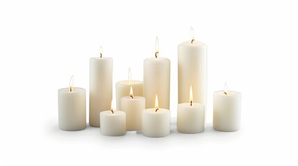 The clipping path goes around the light of the candle, white wax candles on white background, isolated on white - obrazy, fototapety, plakaty
