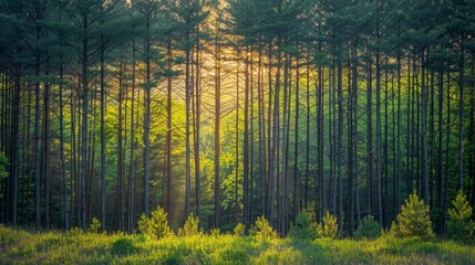 Youthful Pines Framed by Spring Radiance 