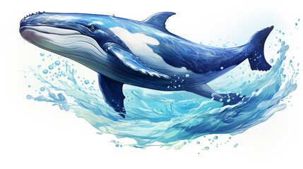 blue whale vector illustration with subtle watercolor splashes on a white background. - obrazy, fototapety, plakaty