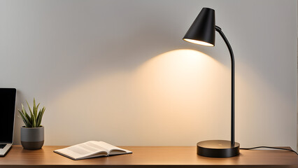 It is an image of a table stand with a light placed on a desk on a white background, and is an image of a lighting fixture with a simple and modern design made of black metal. generative ai.