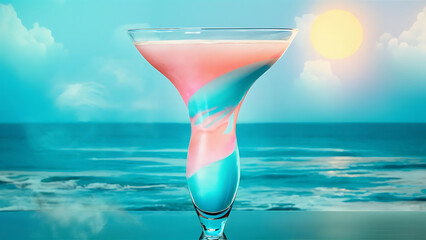 Miami vice cocktail on background with blue sea and sky tropical background - obrazy, fototapety, plakaty