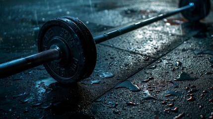 A sturdy barbell lies ready on the gym floor - obrazy, fototapety, plakaty