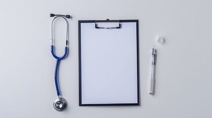 A pristine, blank medical clipboard accompanied by a stethoscope