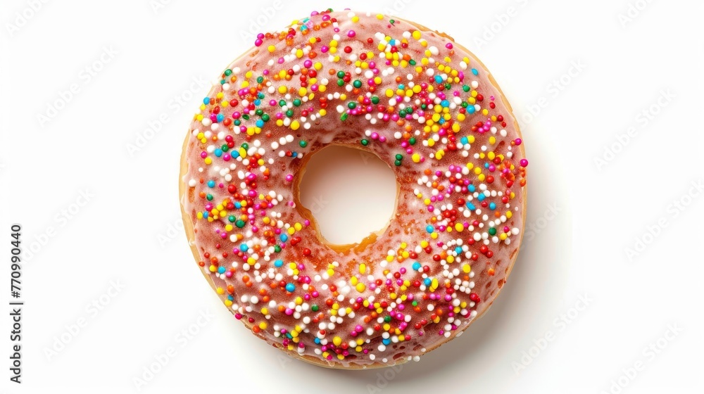 Poster an isolated top view of a strawberry donut with colorful sprinkles.