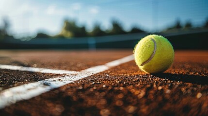 A vibrant tennis ball rests on the sunlit surface of a tennis court - obrazy, fototapety, plakaty