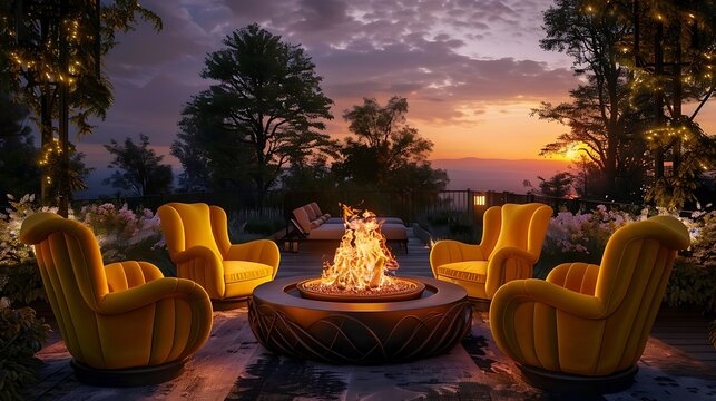 a scene of unparalleled luxury a?" generate an image with lavish yellow chairs surrounding an inviting