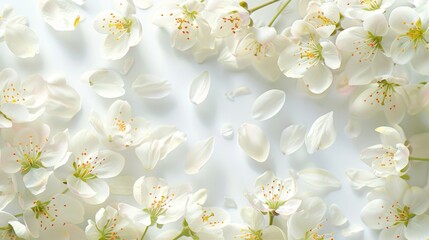 Background of white pastel with spring flower petals. Illustration of apple tree blossom petals.