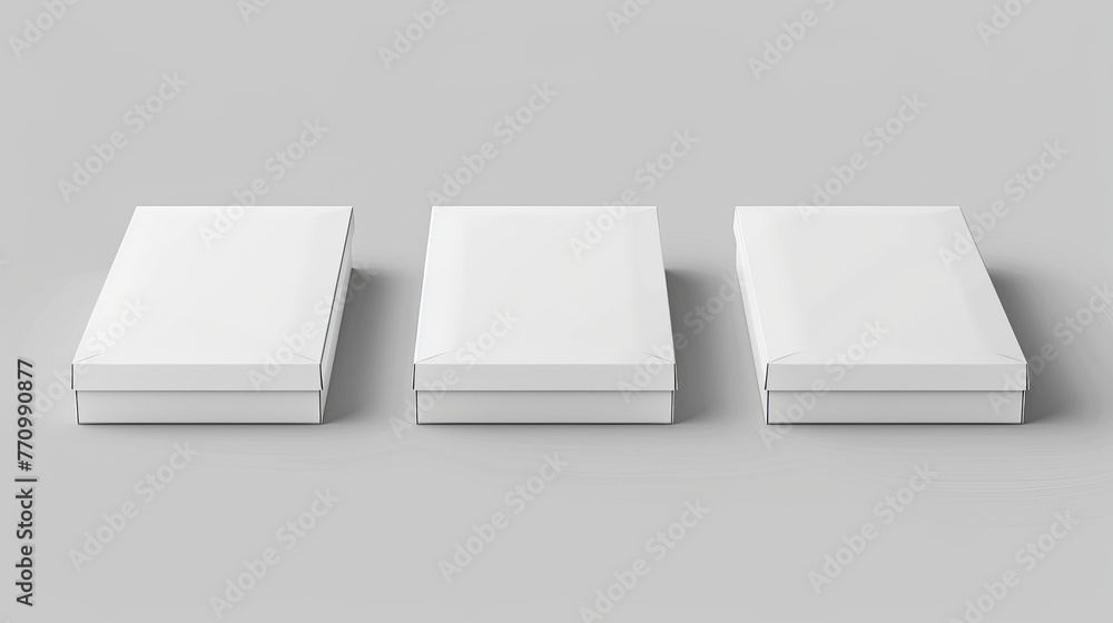 Poster Three rectangular templates positioned in different positions for designing or branding. Blank white product packaging boxes isolated. Modern illustration.