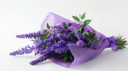 The purple Mattioli flowers are packaged in purple paper. This is a floral arrangement.