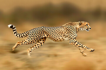 A cheetah is running through the desert