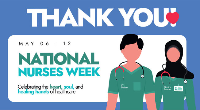 National Nurses Week. Thank You Nurses Appreciating cover banner, social media post to celebrate nurses day, week with a male and a female nurses in uniform and stethoscope. Florence Nightingale's.