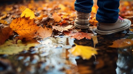 Children's feet in sneakers walking along a path strewn with autumn leaves. A maple leaf is floating in a puddle. - obrazy, fototapety, plakaty