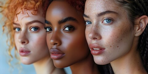 Diverse group of women of different skin tones and races posing together in a skin care ad campaign. Concept Inclusive Beauty, Skin Care Diversity, Women Empowerment, Multicultural Representation