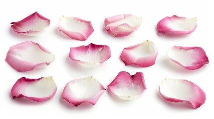 On a white background, white and pink rose petals are isolated