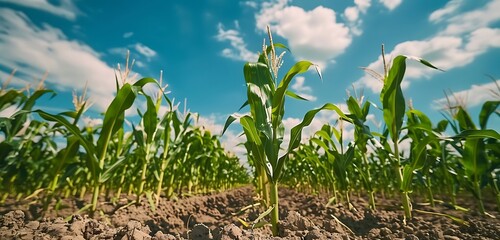 Obraz premium A Beautiful growing full capture of a green corn field at a sunny day, agricultural landscape, cornfield. Generative AI
