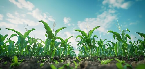 A Beautiful growing full capture of a green corn field at a sunny day, agricultural landscape, cornfield. Generative AI - obrazy, fototapety, plakaty