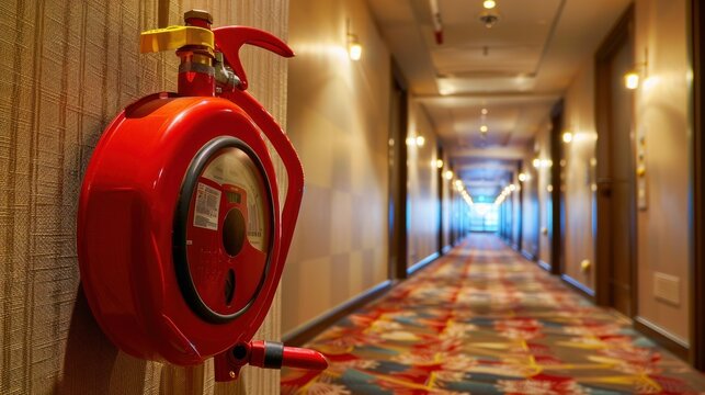 A fire extinguisher and hose reel mounted on a wall in a hotel corridor