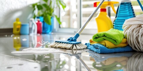 Professional cleaning supplies on a shiny tiled floor, featuring a mop, colorful microfiber cloths, and various detergents.