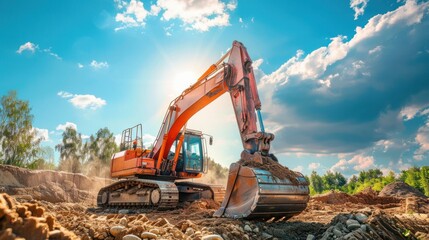 A large excavator dominates the construction site - obrazy, fototapety, plakaty