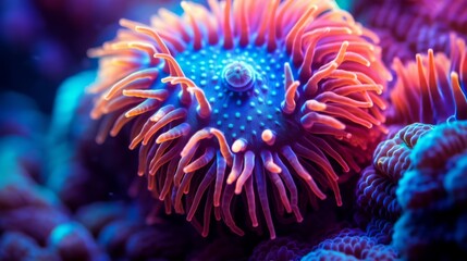 Obraz na płótnie Canvas Macro shot on coral polyps. Neon corals, macro shot of ocean world, background, underwater world