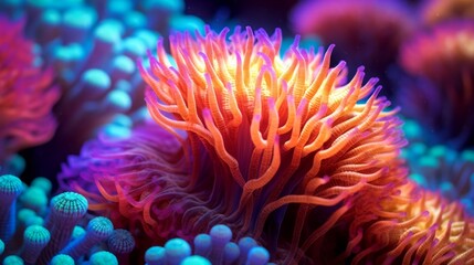 Macro shot on coral polyps. Neon corals, macro shot of ocean world, background, underwater world