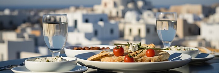 A table set with traditional Greek food and a Santorini view. Concept of a Mediterranean culinary vacation, traditional Greek cuisine, and travel destinations.
