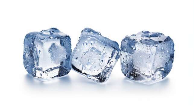 Three isolated ice cubes on white
