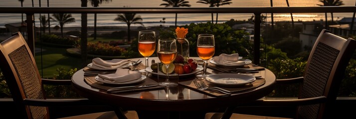 A table set for a romantic dinner on a beach resort. White wine, fruit and flowers are arranged on the table. The sun is setting in the background.