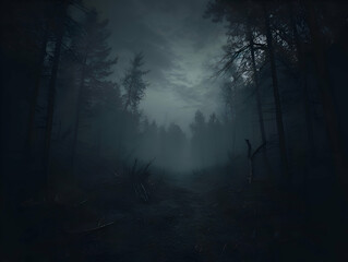 Mysterious dark forest with fog and trees. 3D rendering