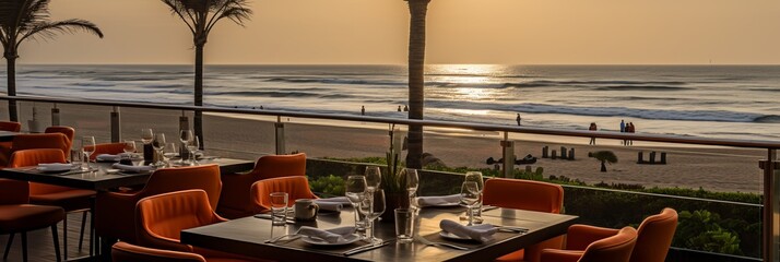 Immerse yourself in stunning ocean views, modern decor, and an enticing menu, creating the perfect setting for a romantic dinner or special occasion. - obrazy, fototapety, plakaty