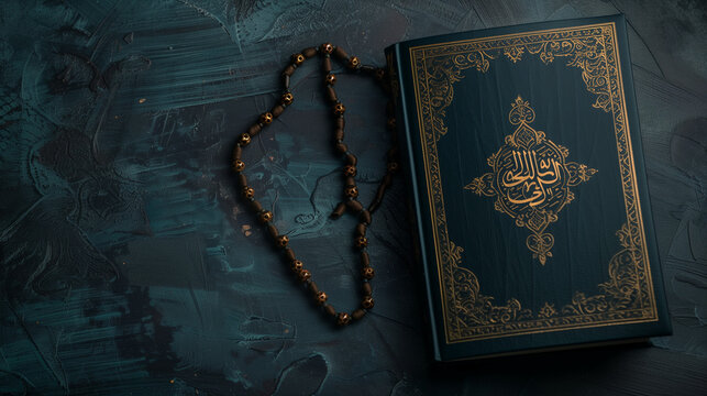 Sacred Knowledge,Islamic Book Resting on Table,
Divine Wisdom,Quran or Hadith on Display,Tabletop Enlightenment, Islamic Texts Revered,Spiritual Guidance,Islamic Literature Arranged on Table.