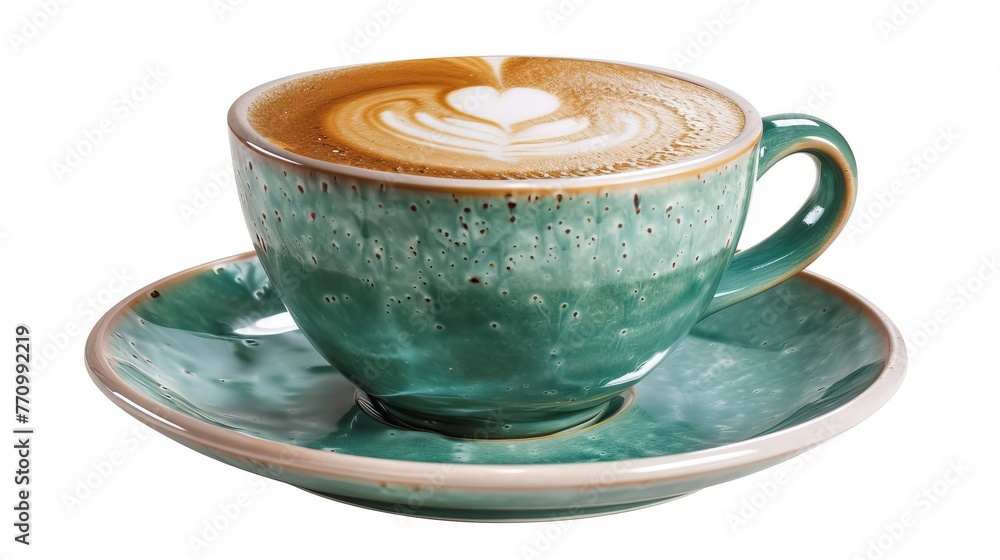 Aufkleber stacking techniques using clipping paths and a hot latte coffee with latte art isolated on white bac