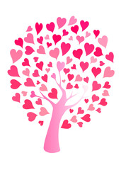 Tree of love with leaves made of hearts, in pink flowers. Design illustration on a white background.