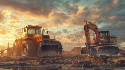 A dynamic construction site scene featuring two heavy wheeled tractors