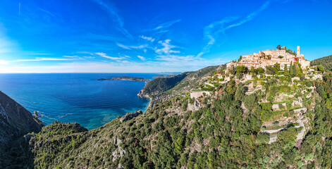 Èze, France in the Alpes-Maritimes on the French Riviera at sunrise from above