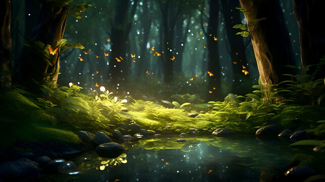Fantasy landscape with river and forest. 3d rendering.
