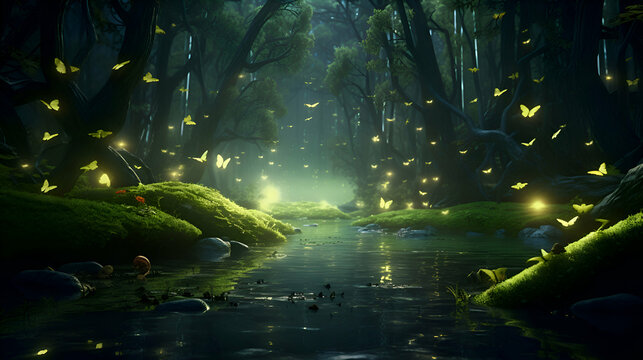 Fantasy landscape with dark forest and river at night. 3d rendering