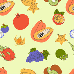 Mix of fruits colorful background vector illustration. Tropical fruit poster with banana, orange, lemon.