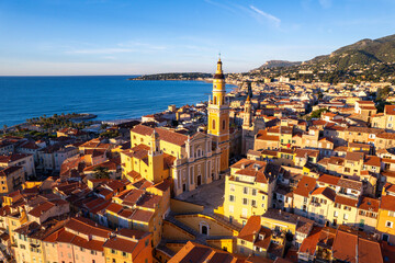 Aerial view of Mentorn, France on the Mediterranean Sea, French Riviera at sunrise from above in the  Alpes-Maritimes
