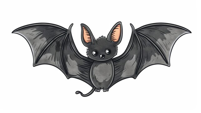 A cute doodle illustration of a bat spread its wings in modern format. The illustration is isolated on white for use as part of a halloween card.